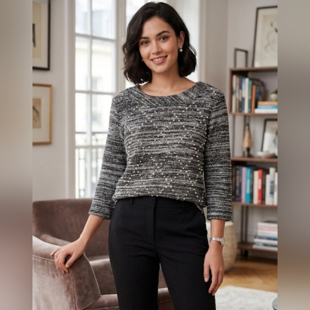 ✨ Karl Lagerfeld Pearl Embellished Textured Knit Top | Size M